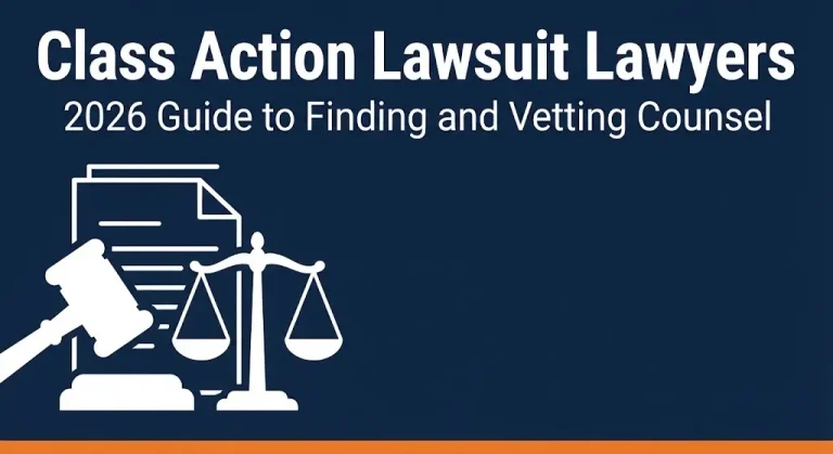 Class action lawsuit lawyers 2026 guide banner with gavel and scales illustration for finding legal counsel.