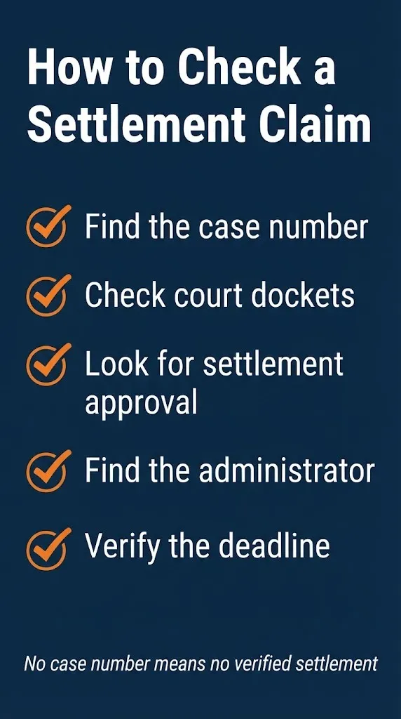 Class action verification checklist showing how to check court dockets and find settlement administrators before filing claims.