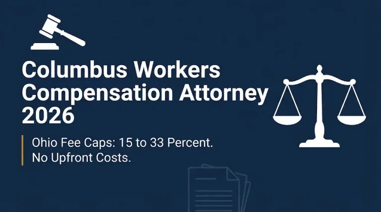 Columbus workers compensation attorney 2026 banner showing Ohio fee caps and no upfront costs.