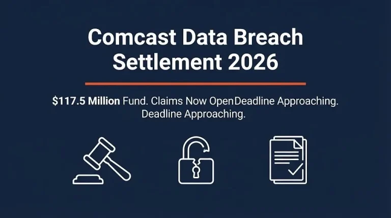 Comcast data breach settlement 2026 banner with 117.5 million dollar fund and open claims.