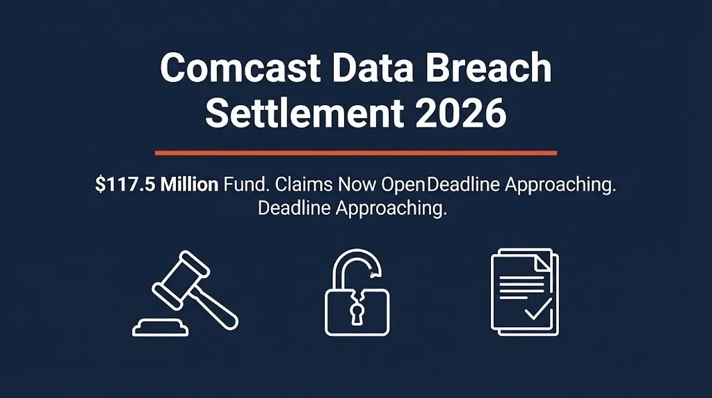 Comcast data breach settlement 2026 banner with 117.5 million dollar fund and open claims.