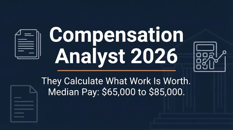 Compensation analyst 2026 banner showing role and median salary with calculator and document icons on navy background.