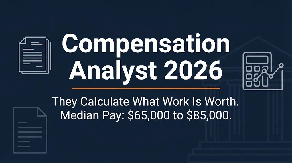 Compensation analyst 2026 banner showing role and median salary with calculator and document icons on navy background.