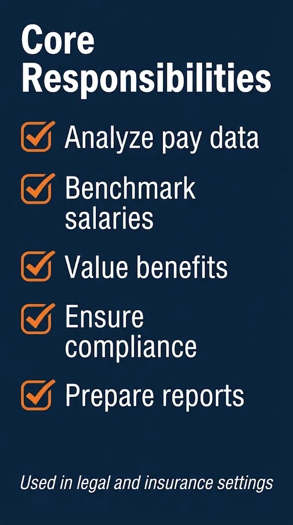 Compensation analyst responsibilities checklist showing pay analysis, benchmarking, and compliance tasks.