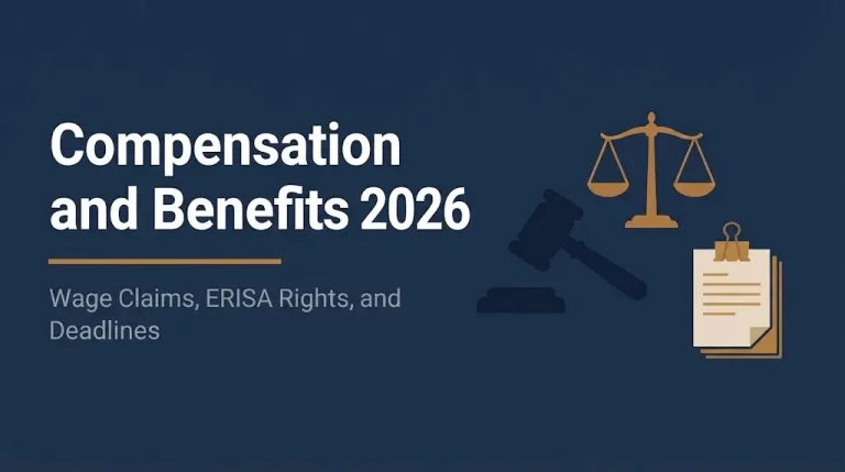 Compensation and benefits 2026 banner showing wage claims and ERISA deadlines with legal icons.