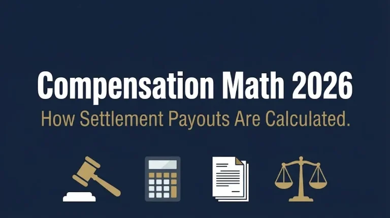 Compensation math 2026 banner with gavel and calculator, showing how settlement payouts are calculated.