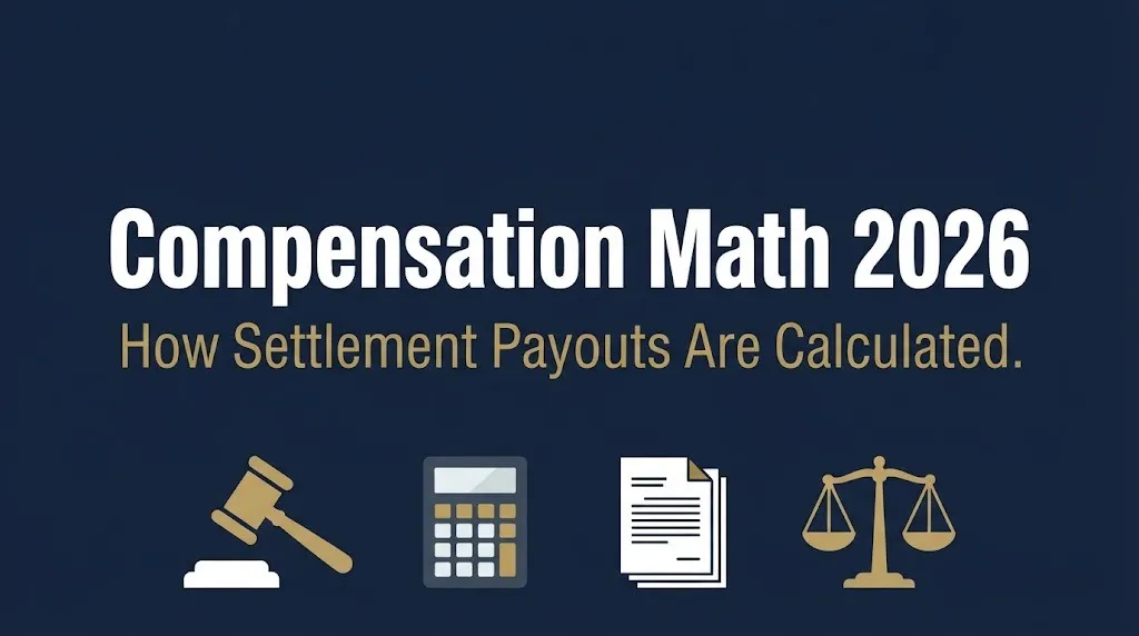 Compensation math 2026 banner with gavel and calculator, showing how settlement payouts are calculated.