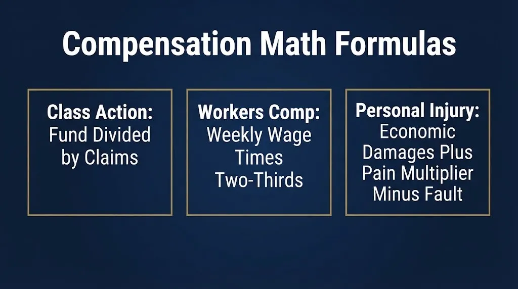 Compensation math formula chart showing class action, workers comp, and personal injury calculation methods.