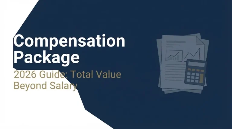 Compensation package 2026 guide showing total value beyond salary with document and calculator imagery.