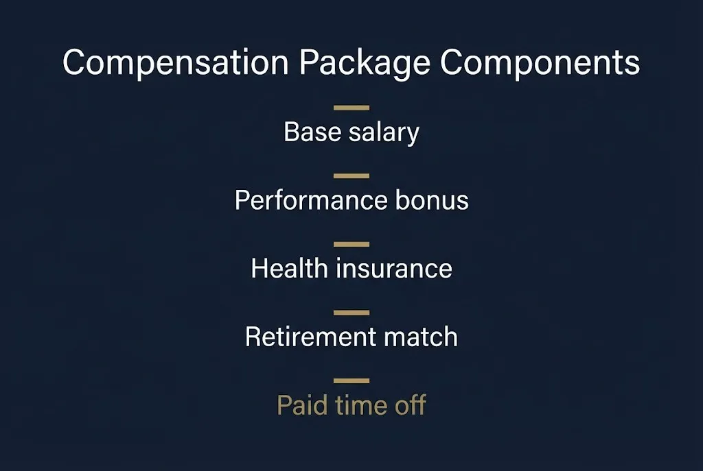 Compensation package component tiers showing five elements from base salary through paid time off.