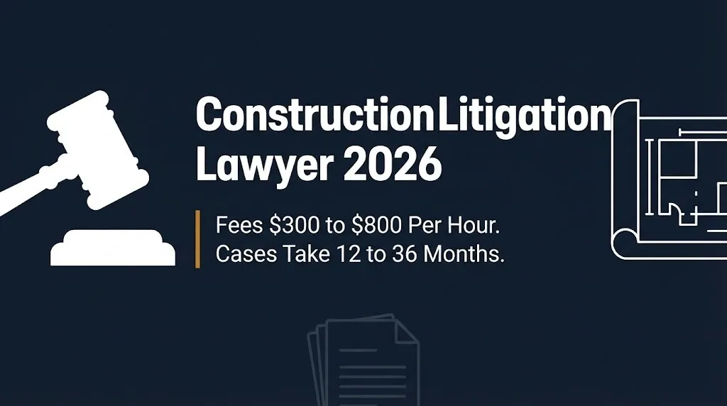 Construction litigation lawyer 2026 banner showing hourly fees and case duration.