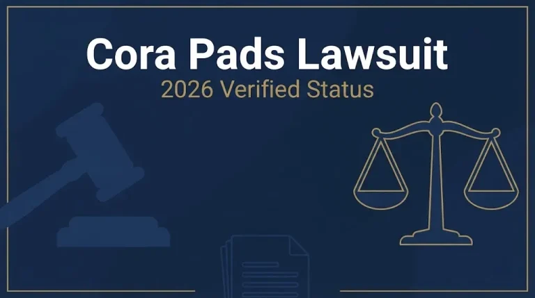 Cora pads lawsuit 2026 status banner with legal symbols on navy background