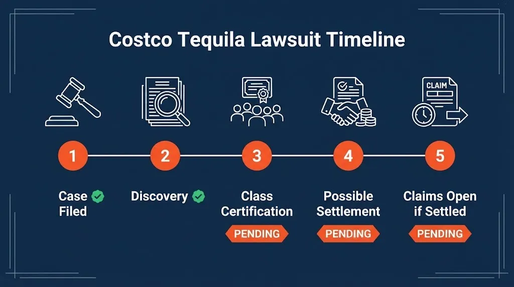 Costco tequila lawsuit timeline showing current stage and pending milestones