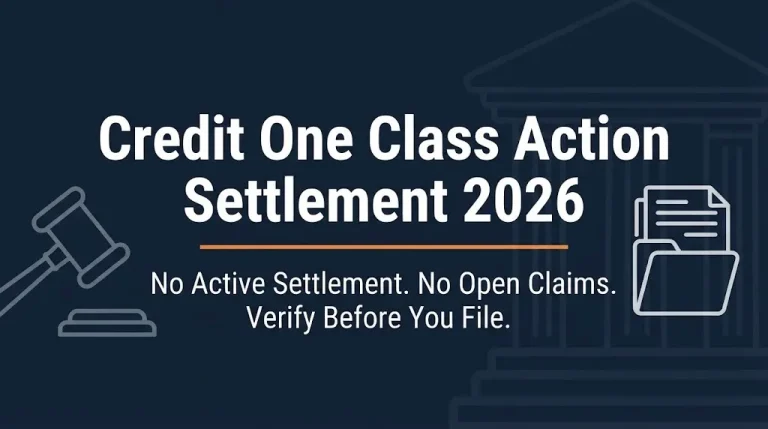 Credit One class action settlement 2026 banner showing no active settlement and no open claims with legal icons.