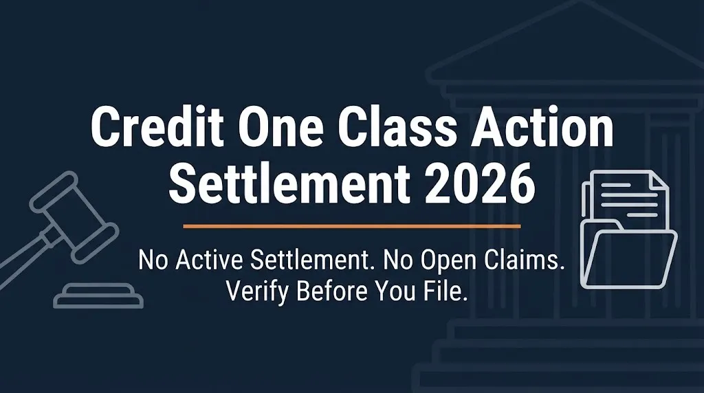Credit One class action settlement 2026 banner showing no active settlement and no open claims with legal icons.