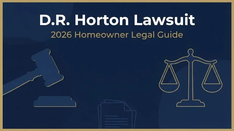 D.R. Horton lawsuit 2026 legal guide banner with gavel and scales on navy background