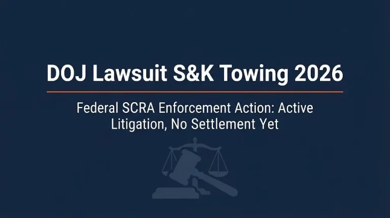 DOJ lawsuit against S&K Towing 2026 update banner showing federal enforcement action is active with no settlement yet.