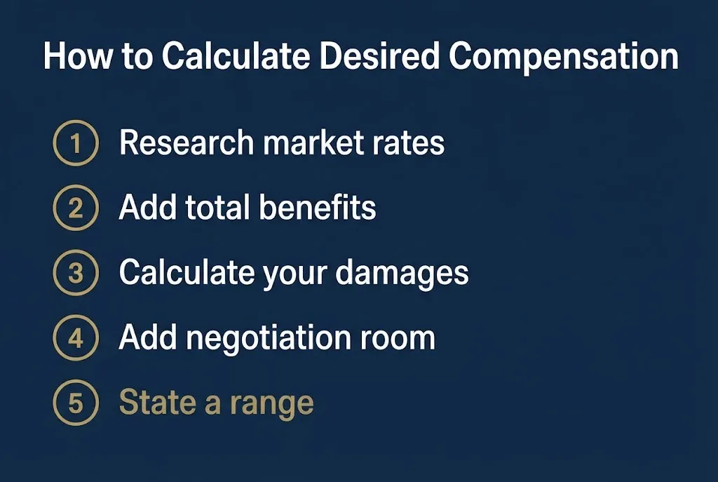 Desired compensation calculation steps showing five actions from market research to stating a range.