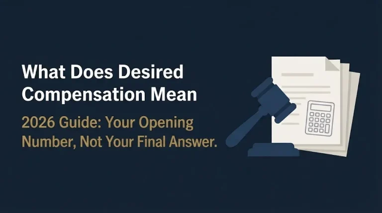 Desired compensation meaning 2026 guide showing opening negotiation number concept with legal imagery.
