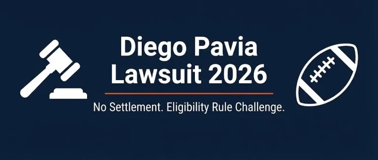 Diego Pavia lawsuit 2026 banner showing no settlement and eligibility rule challenge with legal sports symbols.