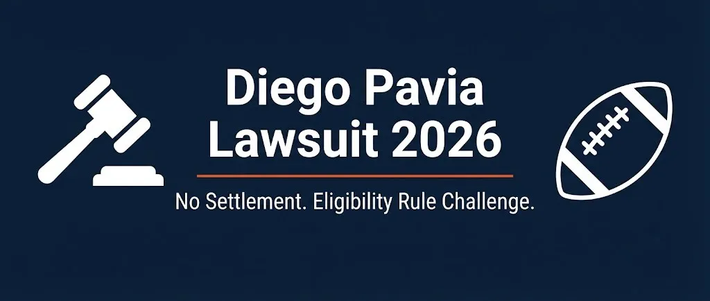 Diego Pavia lawsuit 2026 banner showing no settlement and eligibility rule challenge with legal sports symbols.