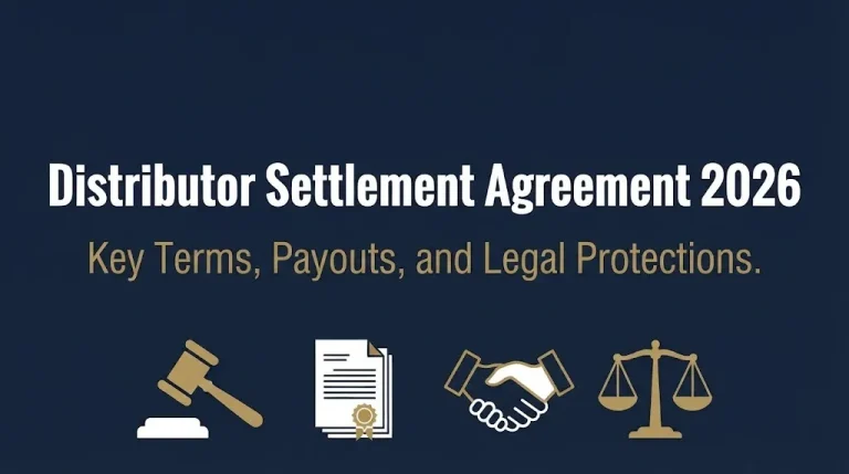 Distributor settlement agreement 2026 banner with contract and gavel icons showing legal protections.