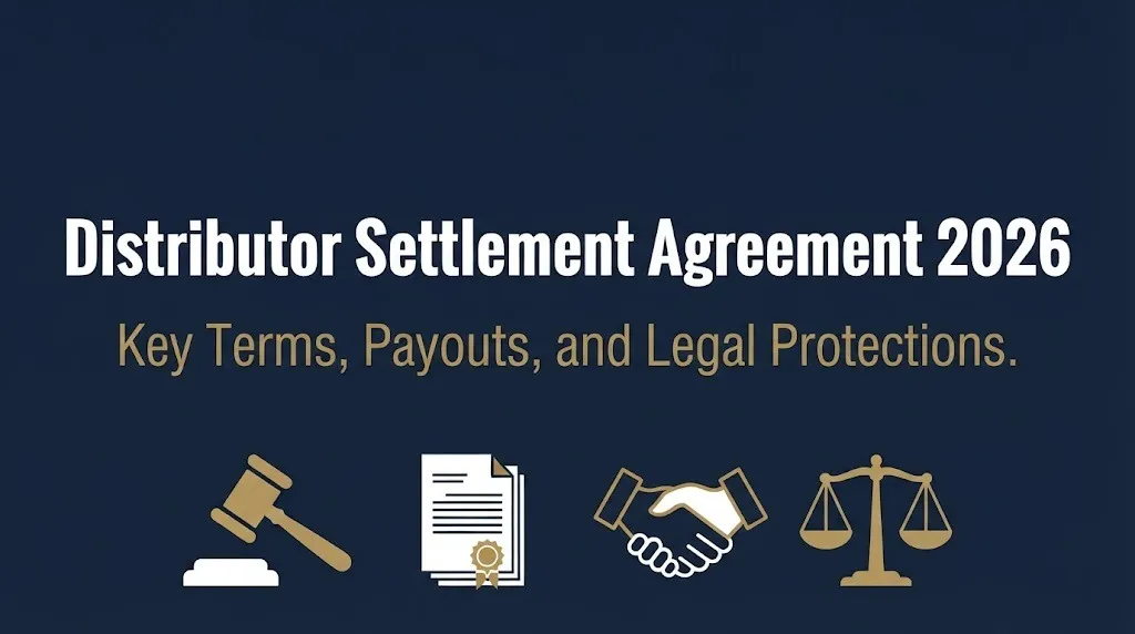Distributor settlement agreement 2026 banner with contract and gavel icons showing legal protections.