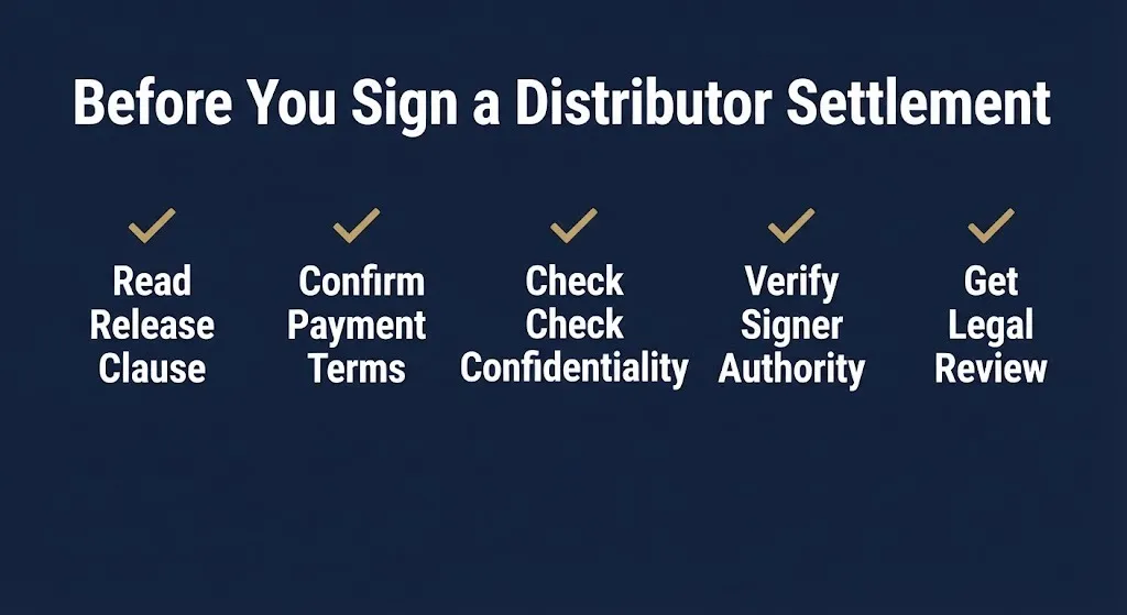 Distributor settlement agreement checklist showing five verification steps before signing.