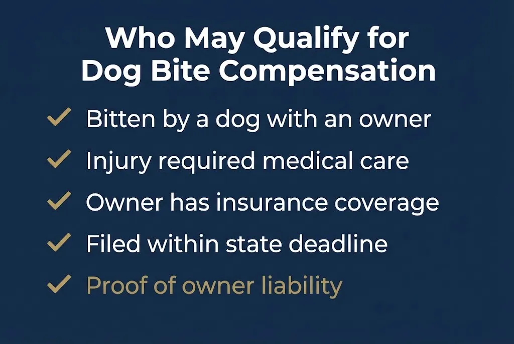 Dog bite compensation eligibility checklist showing five verified criteria for personal injury claims.