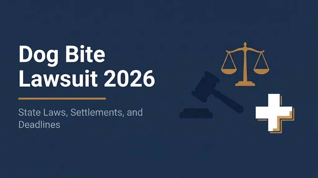 Dog bite lawsuit 2026 banner showing state laws and settlement deadlines with legal icons.