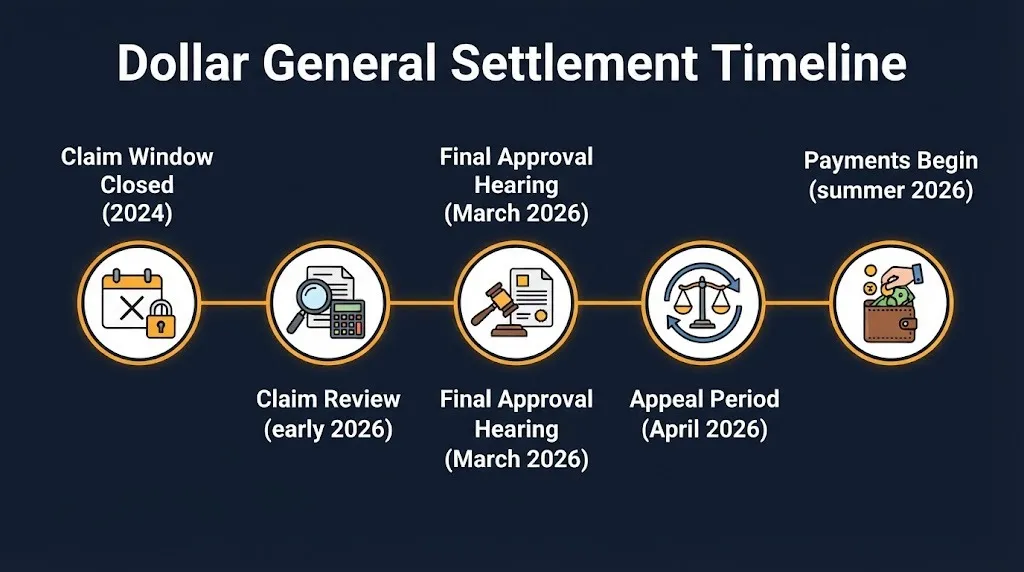 Dollar General settlement timeline showing key dates from claim review through expected summer 2026 payments.