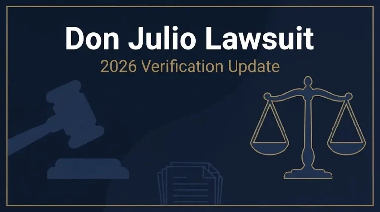 Don Julio lawsuit 2026 banner with legal symbols on navy background, status unverified