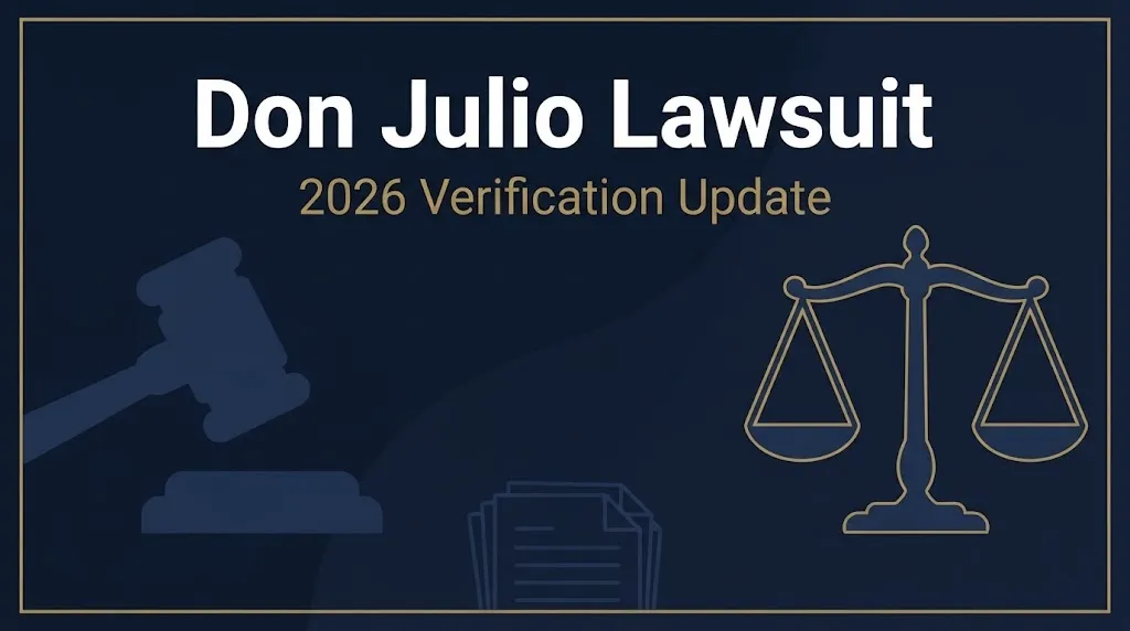 Don Julio lawsuit 2026 banner with legal symbols on navy background, status unverified