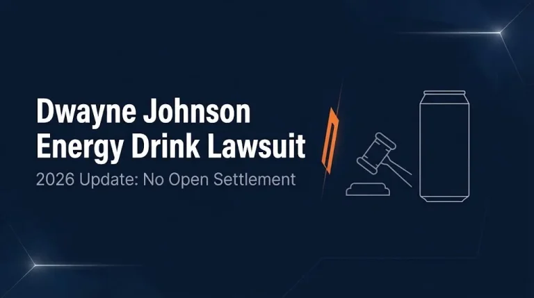 Dwayne Johnson energy drink lawsuit 2026 banner showing no open settlement