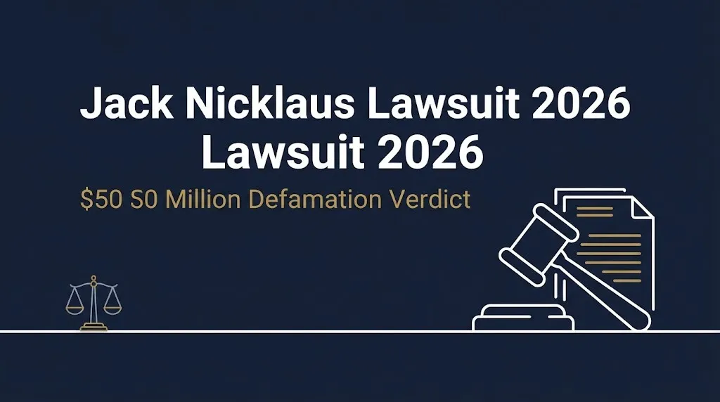 Editorial banner for the Jack Nicklaus lawsuit 2026 showing the $50 million defamation verdict headline.