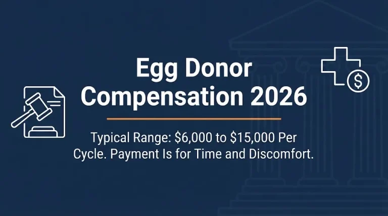Egg donor compensation 2026 banner showing six thousand to fifteen thousand dollar range with legal and medical icons.