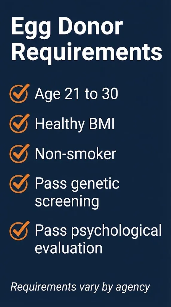 Egg donor requirements checklist showing age, health, and screening criteria for egg donation eligibility.