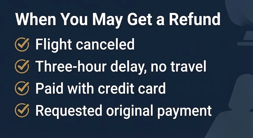 Eligibility checklist for Southwest delay refund showing four refund criteria with checkmarks.