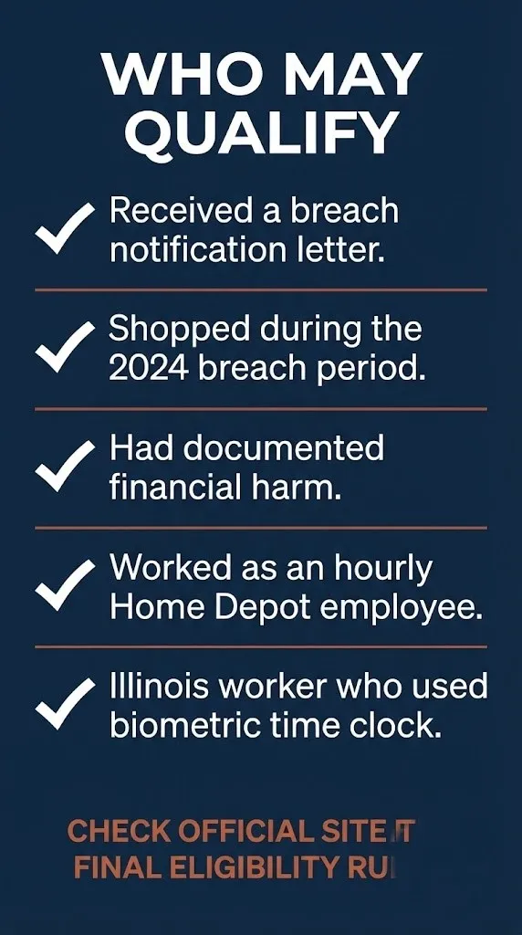 Eligibility checklist for the Home Depot class action lawsuit 2026 showing five verified criteria for potential claimants.