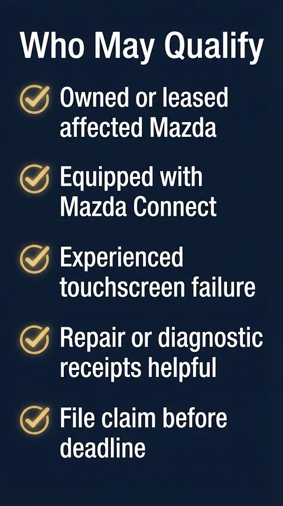 Eligibility checklist graphic showing five criteria for the Mazda infotainment settlement class action.