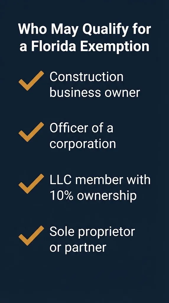 Eligibility checklist showing who may qualify for a Florida workers compensation exemption.