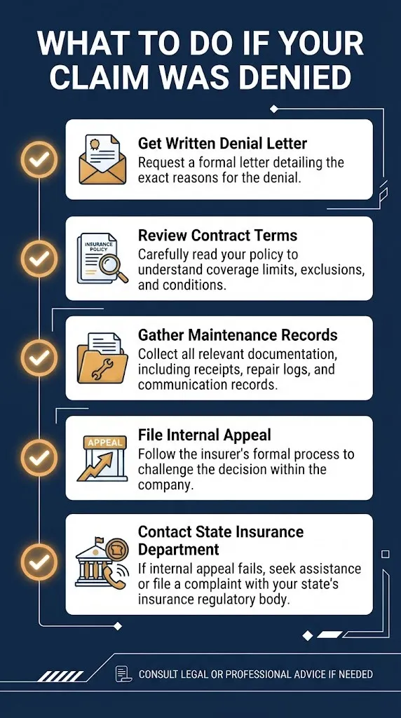 Endurance warranty denied claim checklist showing steps from denial letter to state insurance complaint.