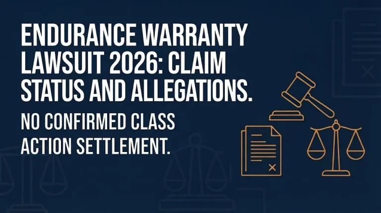 Endurance warranty lawsuit 2026 hero banner showing claim status and no confirmed class action settlement.