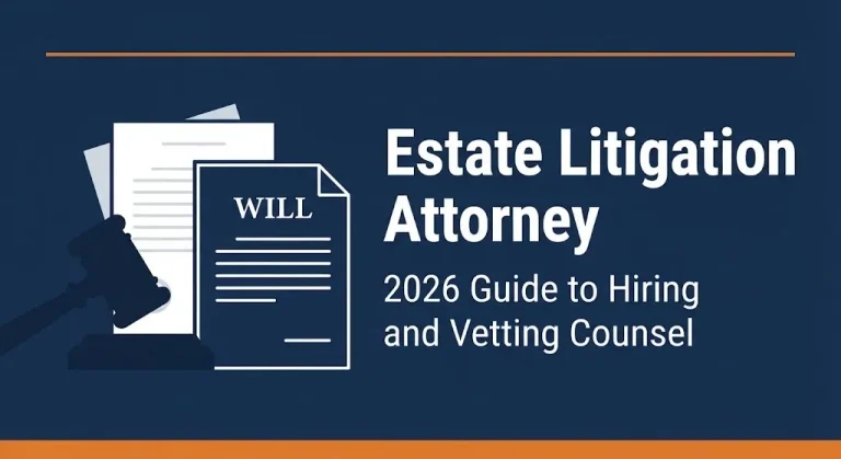 Estate litigation attorney 2026 guide banner with gavel and will document illustration for hiring legal counsel.