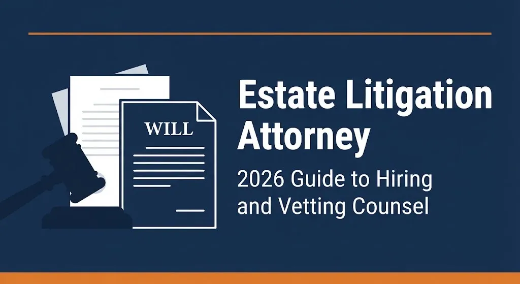 Estate litigation attorney 2026 guide banner with gavel and will document illustration for hiring legal counsel.
