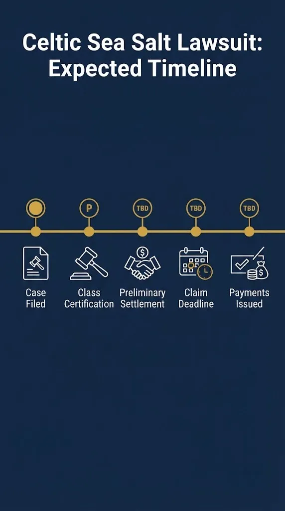 Expected timeline of Celtic Sea Salt lawsuit stages from filing to potential payments with TBD markers