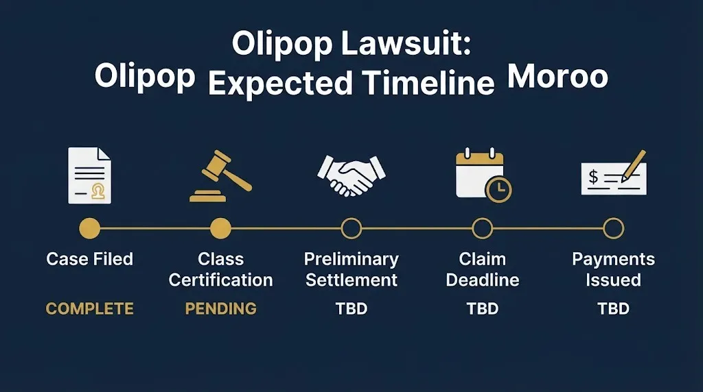 Expected timeline of Olipop lawsuit stages from filing to potential payments with TBD markers
