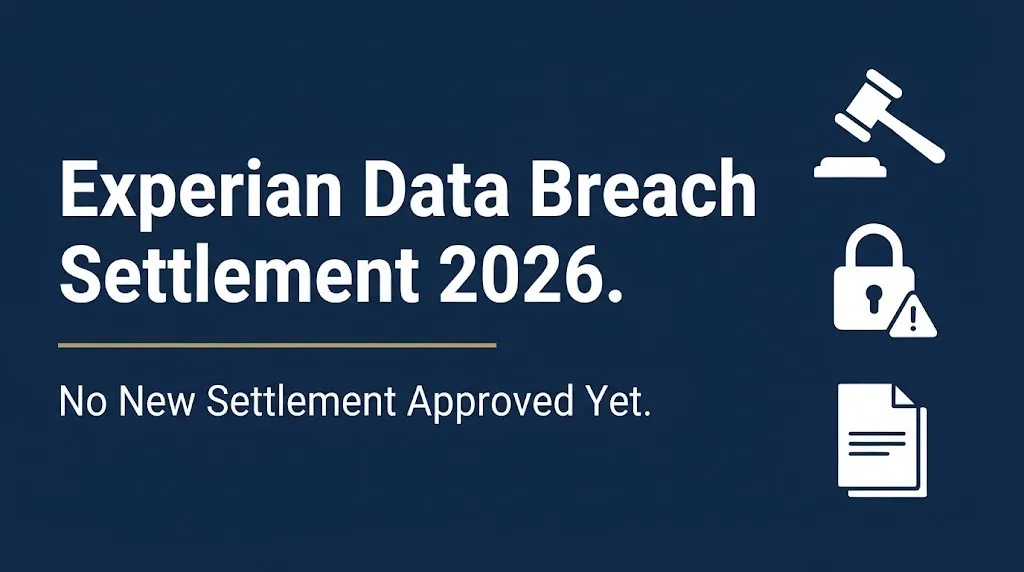 Experian data breach settlement 2026 hero banner showing no new settlement approved status.