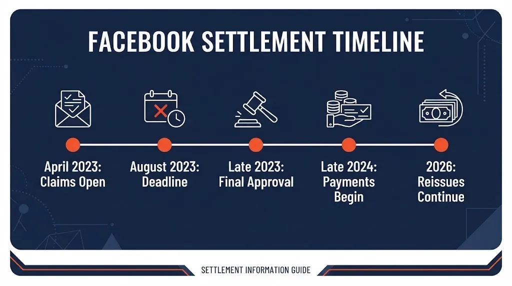 Facebook settlement timeline showing key dates from claims open to payment reissues