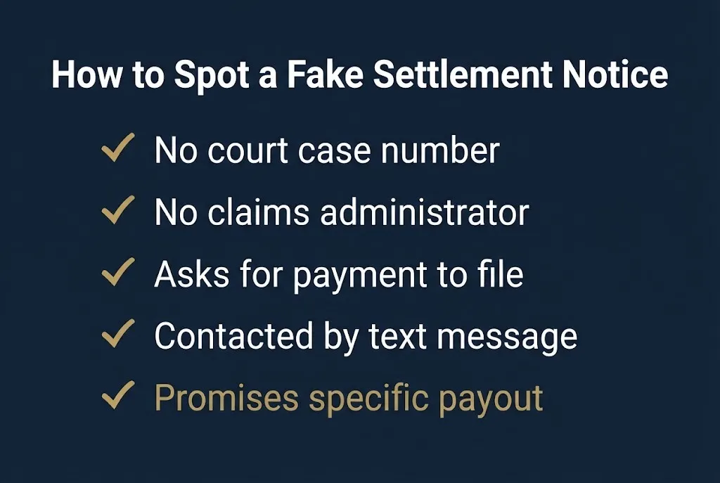 Fake settlement notice warning signs checklist showing five red flags for Zinus lawsuit scams.